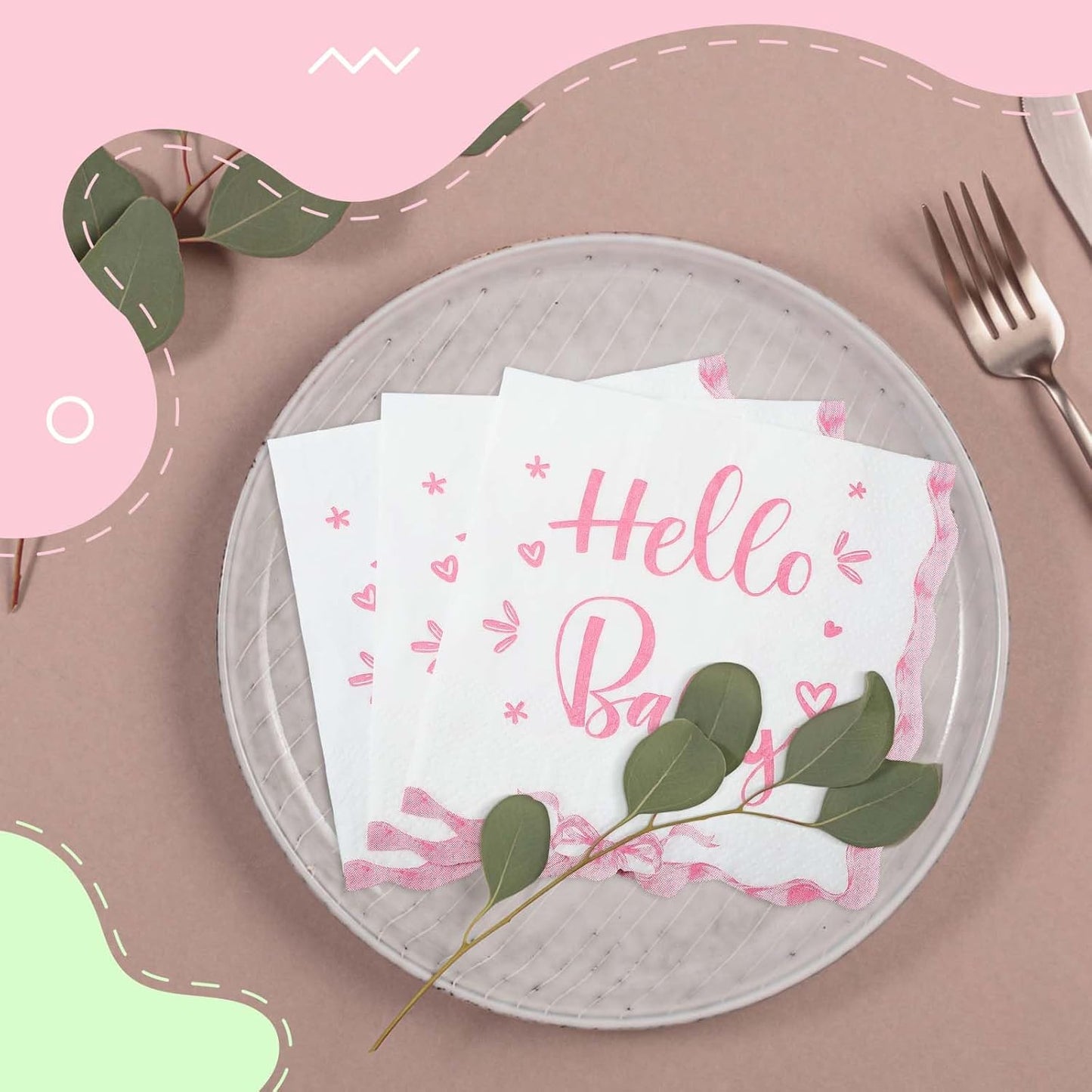 Crtiin 50 Pack Scalloped Baby Shower Napkins Pink Bow "hello Baby " Party Supplies 5 x 5 Inches 2 Ply Pink Bow Napkins for Girl Boy Birthday Party Decors