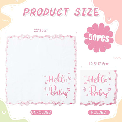 Crtiin 50 Pack Scalloped Baby Shower Napkins Pink Bow "hello Baby " Party Supplies 5 x 5 Inches 2 Ply Pink Bow Napkins for Girl Boy Birthday Party Decors