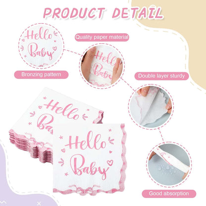 Crtiin 50 Pack Scalloped Baby Shower Napkins Pink Bow "hello Baby " Party Supplies 5 x 5 Inches 2 Ply Pink Bow Napkins for Girl Boy Birthday Party Decors