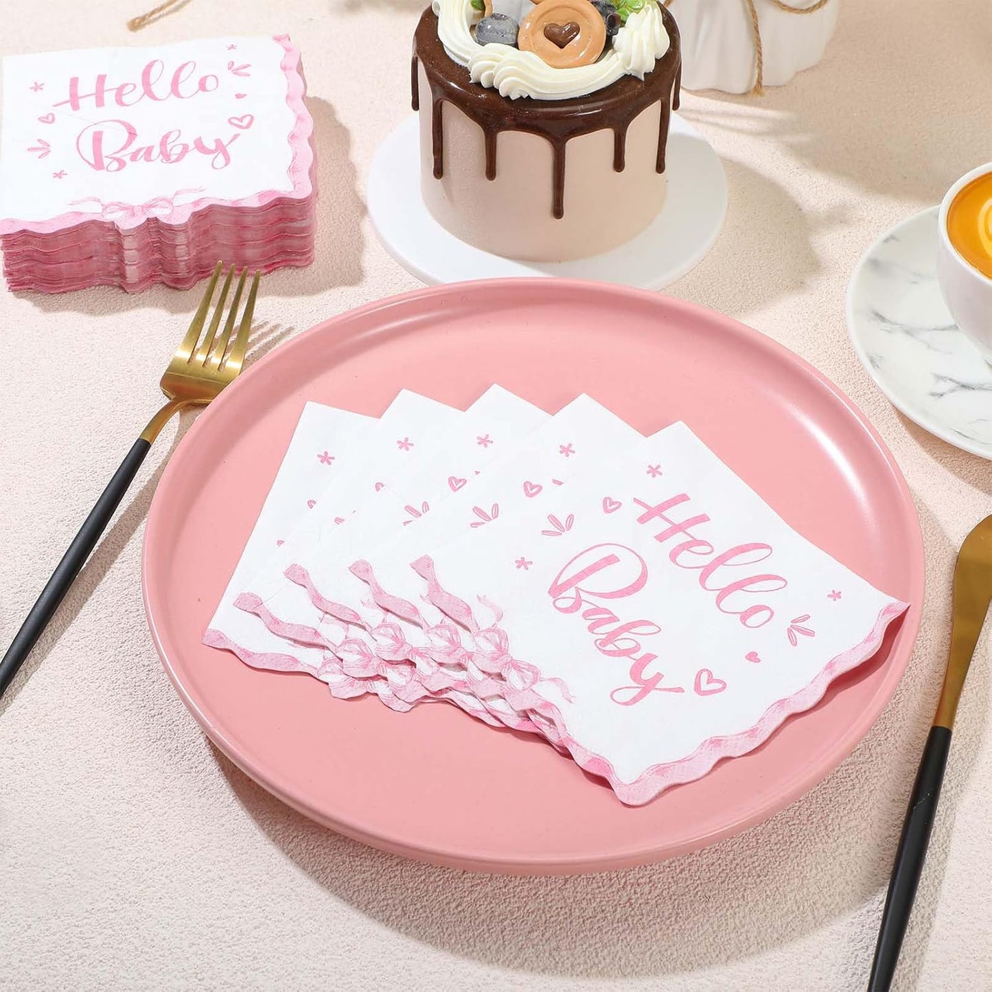 Crtiin 50 Pack Scalloped Baby Shower Napkins Pink Bow "hello Baby " Party Supplies 5 x 5 Inches 2 Ply Pink Bow Napkins for Girl Boy Birthday Party Decors