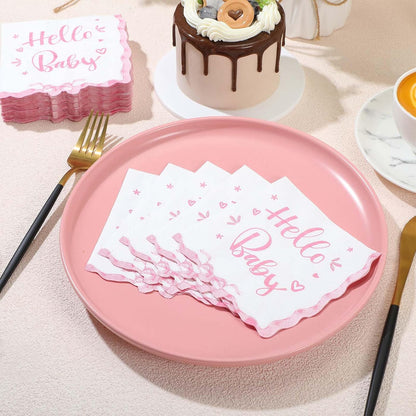 Crtiin 50 Pack Scalloped Baby Shower Napkins Pink Bow "hello Baby " Party Supplies 5 x 5 Inches 2 Ply Pink Bow Napkins for Girl Boy Birthday Party Decors