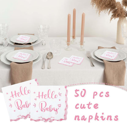 Crtiin 50 Pack Scalloped Baby Shower Napkins Pink Bow "hello Baby " Party Supplies 5 x 5 Inches 2 Ply Pink Bow Napkins for Girl Boy Birthday Party Decors