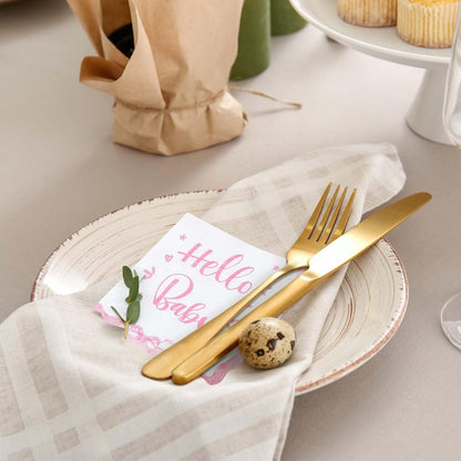 Crtiin 50 Pack Scalloped Baby Shower Napkins Pink Bow "hello Baby " Party Supplies 5 x 5 Inches 2 Ply Pink Bow Napkins for Girl Boy Birthday Party Decors
