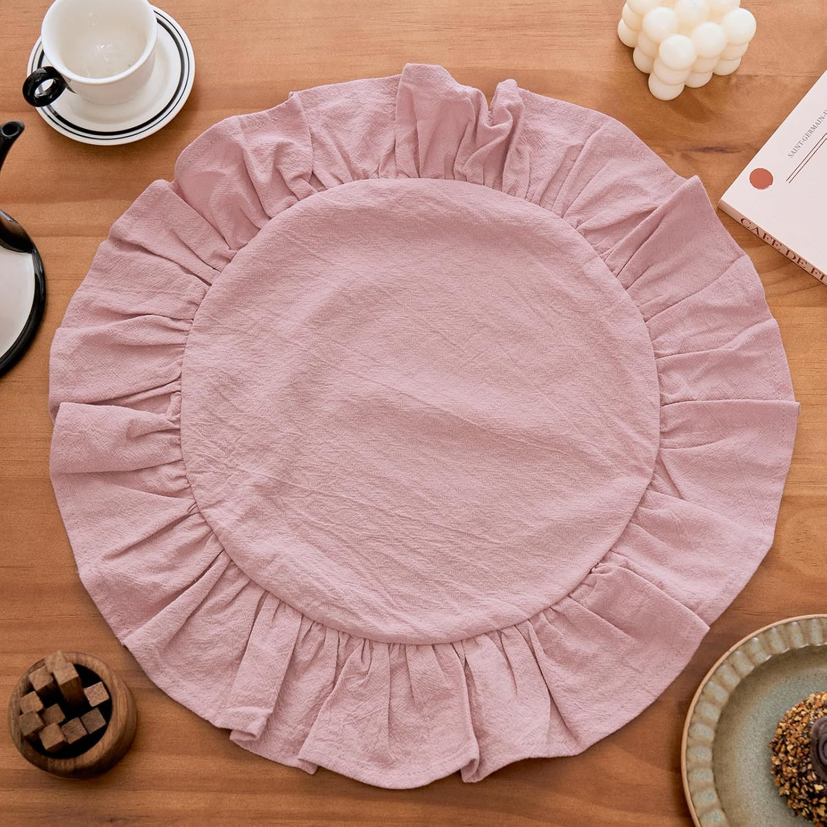 15 Inch Boho Pink Cotton Placemats Set of 4, Round Ruffles Place Mats Washable Table Mats for Kitchen Dining Party Table Decor (Pink,Diameter 15")
