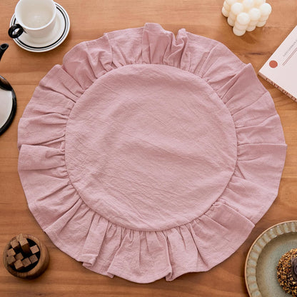 15 Inch Boho Pink Cotton Placemats Set of 4, Round Ruffles Place Mats Washable Table Mats for Kitchen Dining Party Table Decor (Pink,Diameter 15")