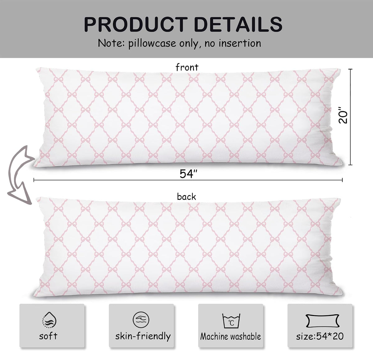 Coquette Preppy Pink Bow 20x54 Body Pillow Cover Case, Pink Coquette Room Decor, Preppy Room Dorm Decor, Girly Ribbon Grid Decorative Long Hug Pillow Cases for Bed Couch