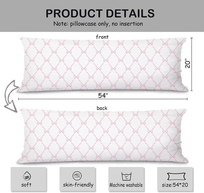 Coquette Preppy Pink Bow 20x54 Body Pillow Cover Case, Pink Coquette Room Decor, Preppy Room Dorm Decor, Girly Ribbon Grid Decorative Long Hug Pillow Cases for Bed Couch