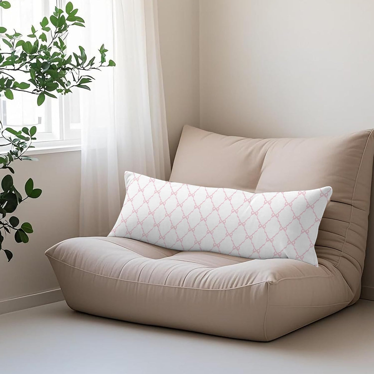 Coquette Preppy Pink Bow 20x54 Body Pillow Cover Case, Pink Coquette Room Decor, Preppy Room Dorm Decor, Girly Ribbon Grid Decorative Long Hug Pillow Cases for Bed Couch