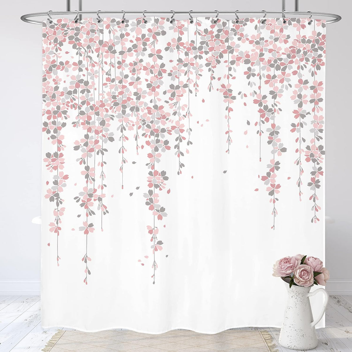 Grey Pink Floral Shower Curtain 72x72 Dusty Rose Cherry Bathroom Decor