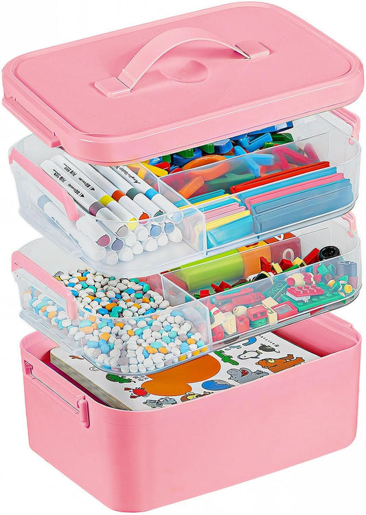 3-Layer Plastic Craft Organizers and Storage Box with Removable Trays, Storage Containers with lids and Handle, Art Supply Storage Organizer for Bead, Ornament, Nail Polish, Tape（Pink）