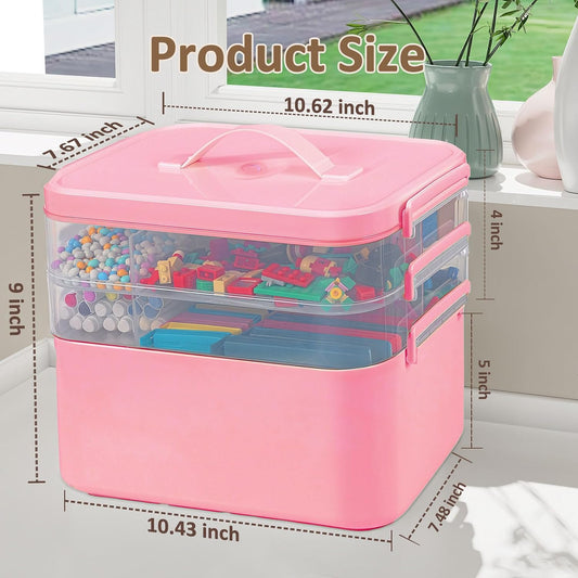 3-Layer Plastic Craft Organizers and Storage Box with Removable Trays, Storage Containers with lids and Handle, Art Supply Storage Organizer for Bead, Ornament, Nail Polish, Tape（Pink）