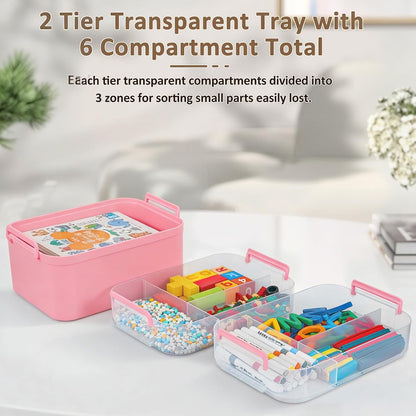 3-Layer Plastic Craft Organizers and Storage Box with Removable Trays, Storage Containers with lids and Handle, Art Supply Storage Organizer for Bead, Ornament, Nail Polish, Tape（Pink）