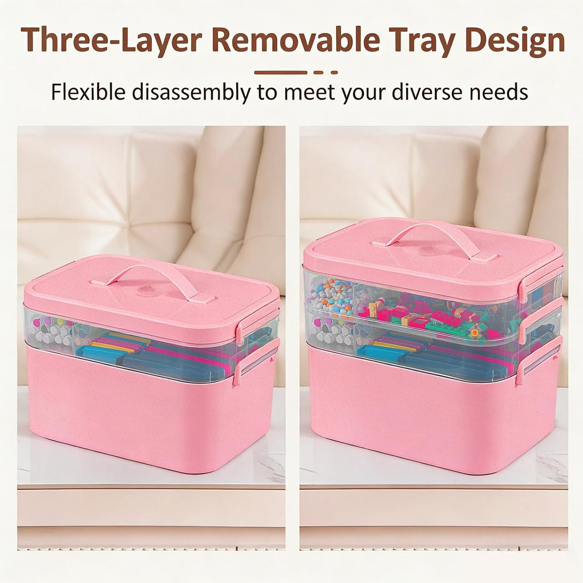 3-Layer Plastic Craft Organizers and Storage Box with Removable Trays, Storage Containers with lids and Handle, Art Supply Storage Organizer for Bead, Ornament, Nail Polish, Tape（Pink）