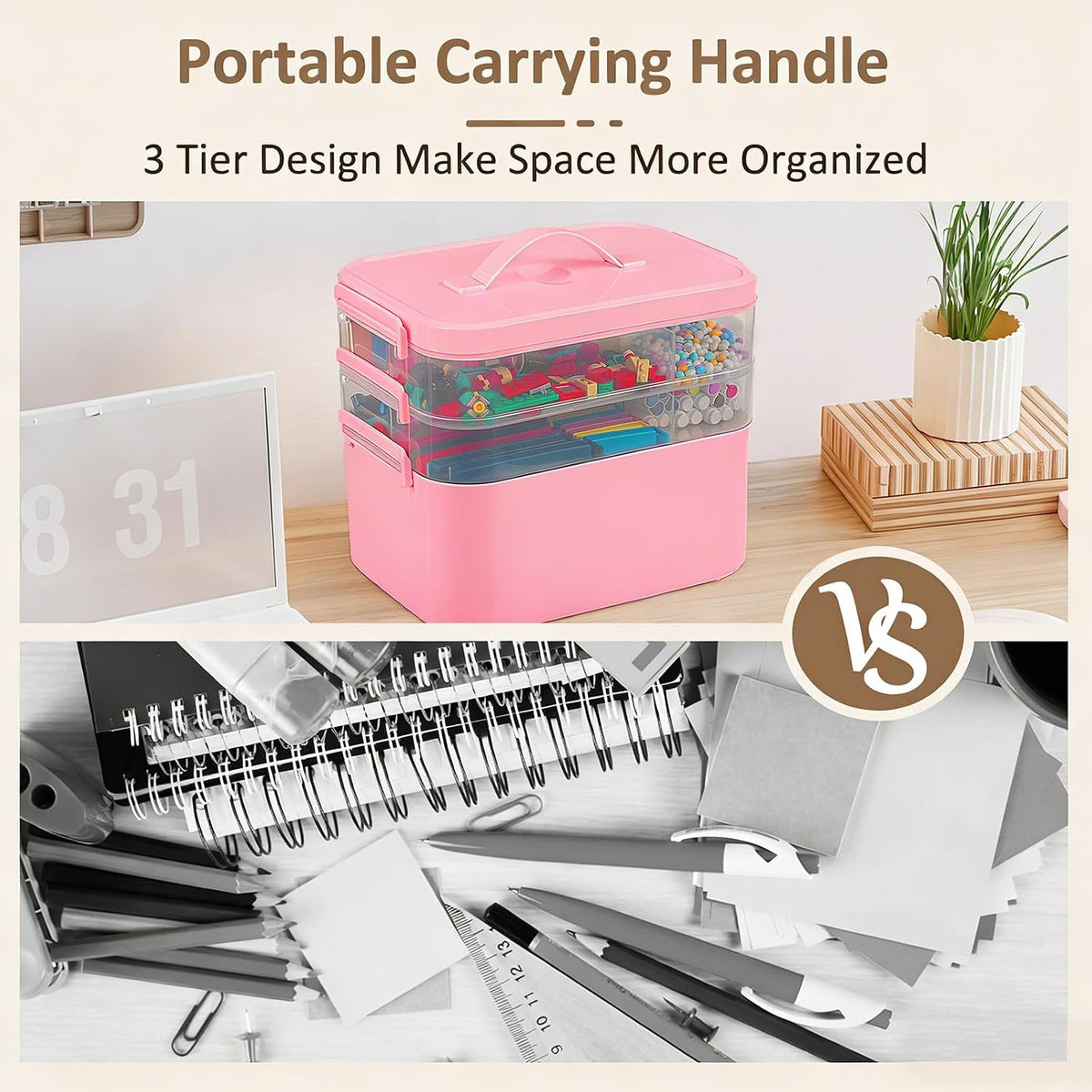 3-Layer Plastic Craft Organizers and Storage Box with Removable Trays, Storage Containers with lids and Handle, Art Supply Storage Organizer for Bead, Ornament, Nail Polish, Tape（Pink）