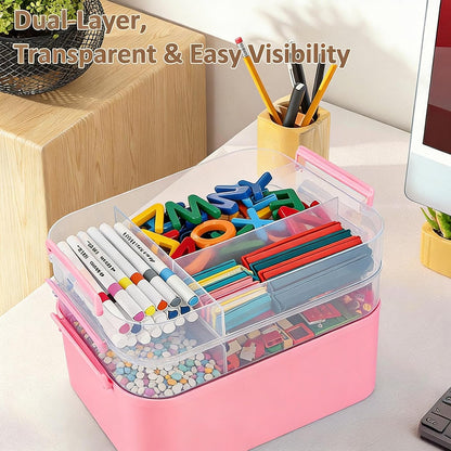 3-Layer Plastic Craft Organizers and Storage Box with Removable Trays, Storage Containers with lids and Handle, Art Supply Storage Organizer for Bead, Ornament, Nail Polish, Tape（Pink）