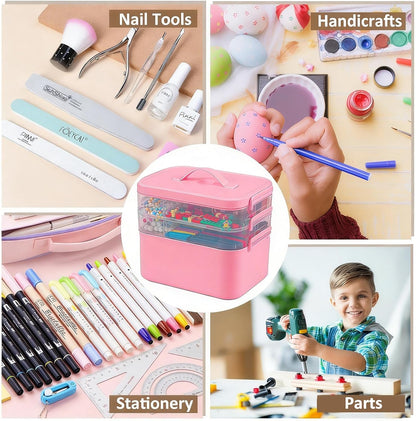 3-Layer Plastic Craft Organizers and Storage Box with Removable Trays, Storage Containers with lids and Handle, Art Supply Storage Organizer for Bead, Ornament, Nail Polish, Tape（Pink）