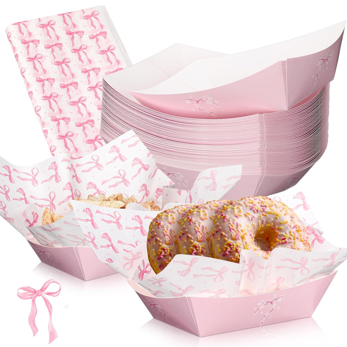 100 Pcs Coquette Bow Paper Food Trays Bulk Bow Party Supplies Birthday Decor Disposable Food Boat Trays with Wax Paper Sheet Wrapping for Wedding Bridal Party Supplies(Pink)