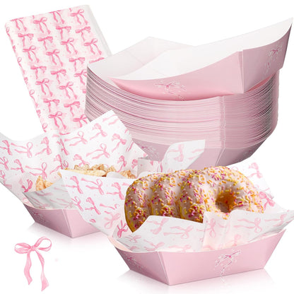100 Pcs Coquette Bow Paper Food Trays Bulk Bow Party Supplies Birthday Decor Disposable Food Boat Trays with Wax Paper Sheet Wrapping for Wedding Bridal Party Supplies(Pink)
