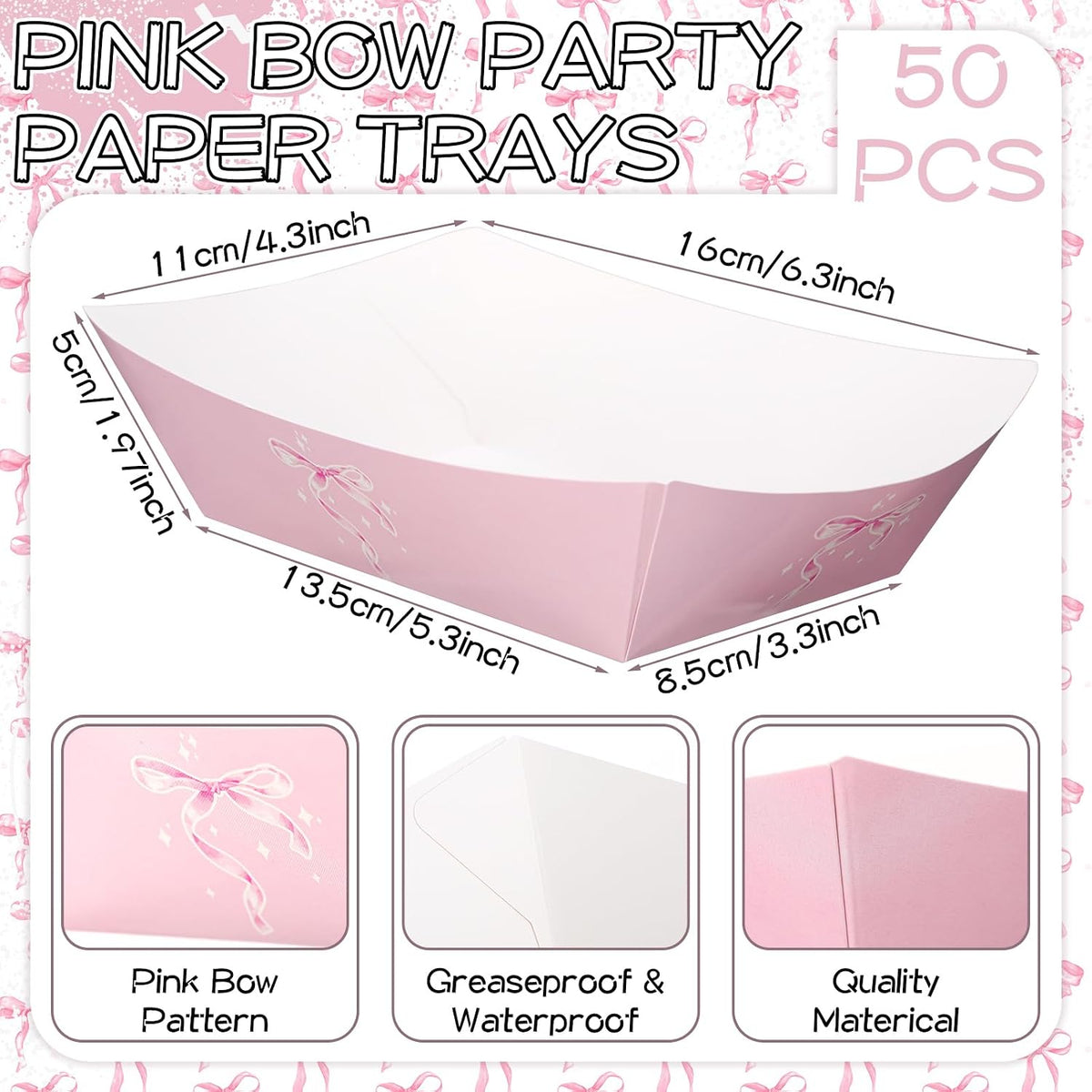 100 Pcs Coquette Bow Paper Food Trays Bulk Bow Party Supplies Birthday Decor Disposable Food Boat Trays with Wax Paper Sheet Wrapping for Wedding Bridal Party Supplies(Pink)