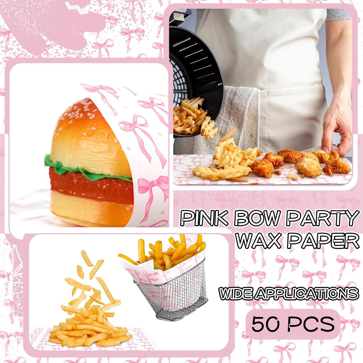 100 Pcs Coquette Bow Paper Food Trays Bulk Bow Party Supplies Birthday Decor Disposable Food Boat Trays with Wax Paper Sheet Wrapping for Wedding Bridal Party Supplies(Pink)