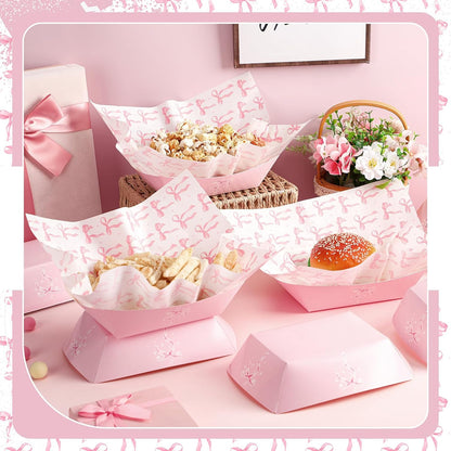 100 Pcs Coquette Bow Paper Food Trays Bulk Bow Party Supplies Birthday Decor Disposable Food Boat Trays with Wax Paper Sheet Wrapping for Wedding Bridal Party Supplies(Pink)