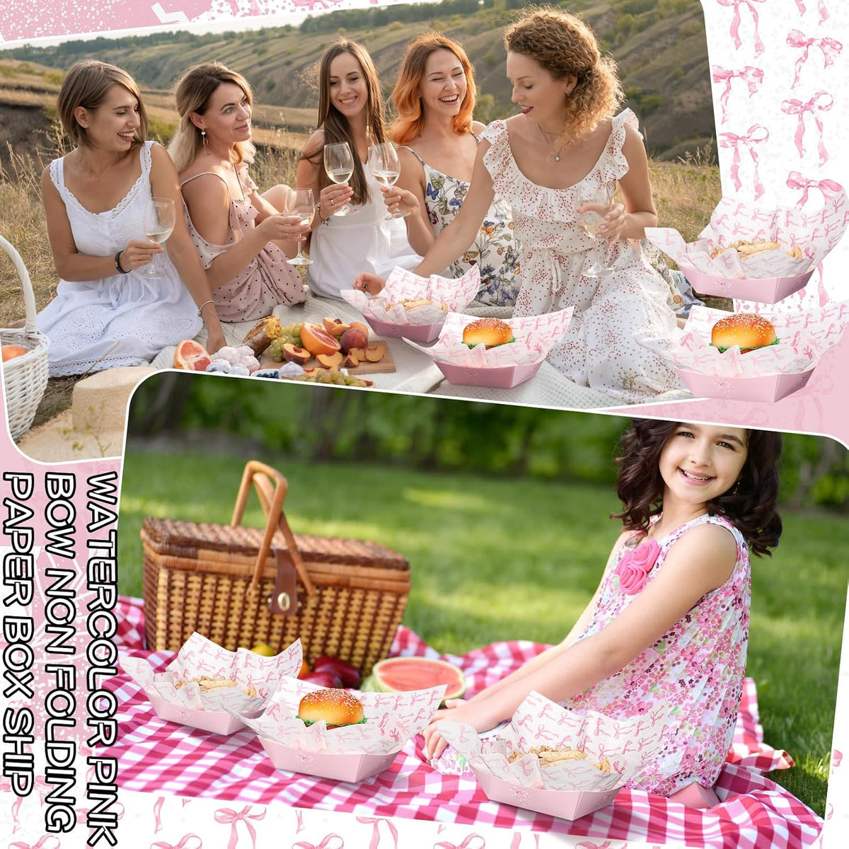 100 Pcs Coquette Bow Paper Food Trays Bulk Bow Party Supplies Birthday Decor Disposable Food Boat Trays with Wax Paper Sheet Wrapping for Wedding Bridal Party Supplies(Pink)