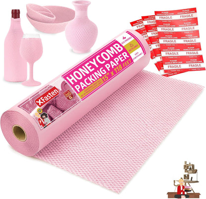 Pink Honeycomb Packing Paper for Moving 15-Inch x 118-Feet Bubble Honeycomb Wrap, Honeycomb Wrapping Paper for Packing Cushion with 30 Fragile Stickers Packing Supplies