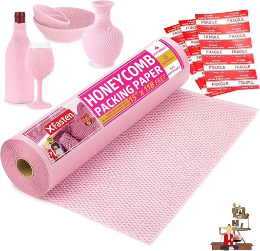 Pink Honeycomb Packing Paper for Moving 15-Inch x 118-Feet Bubble Honeycomb Wrap, Honeycomb Wrapping Paper for Packing Cushion with 30 Fragile Stickers Packing Supplies