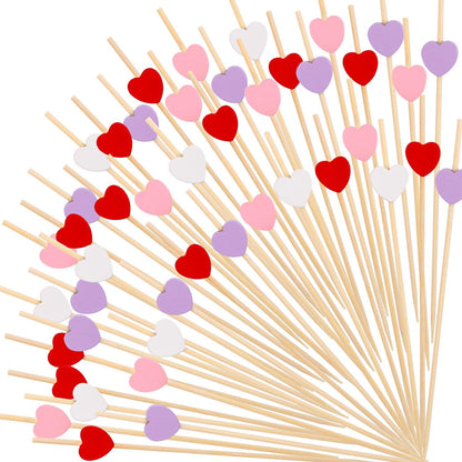 200Pcs Heart-Shaped Bamboo Cocktail Picks,Red Pink Purple and White Heart Bamboo Toothpicks for Appetizers Fruits Valentine Party Wedding Decoration