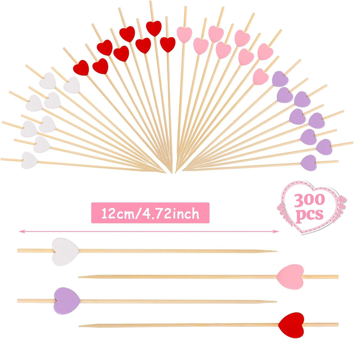 200Pcs Heart-Shaped Bamboo Cocktail Picks,Red Pink Purple and White Heart Bamboo Toothpicks for Appetizers Fruits Valentine Party Wedding Decoration