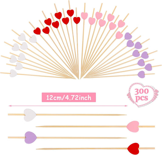 200Pcs Heart-Shaped Bamboo Cocktail Picks,Red Pink Purple and White Heart Bamboo Toothpicks for Appetizers Fruits Valentine Party Wedding Decoration