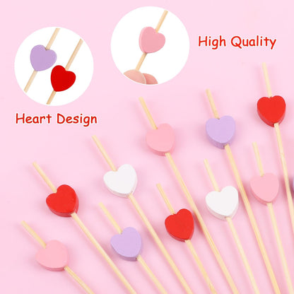 200Pcs Heart-Shaped Bamboo Cocktail Picks,Red Pink Purple and White Heart Bamboo Toothpicks for Appetizers Fruits Valentine Party Wedding Decoration