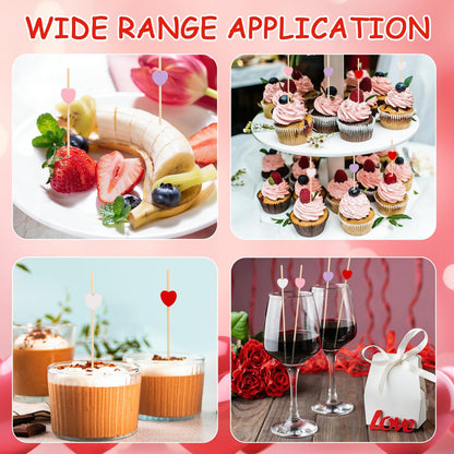 200Pcs Heart-Shaped Bamboo Cocktail Picks,Red Pink Purple and White Heart Bamboo Toothpicks for Appetizers Fruits Valentine Party Wedding Decoration