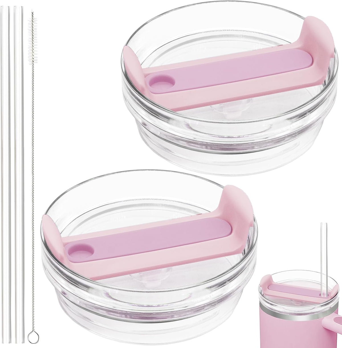 40oz Tumbler Lid Compatible for Stanley, 2 Pack Replacement Tumbler Lids Fit for Stanley Quencher 2.0 Tumbler 40 OZ, with Straws and Cleaning Brush (Light Pink)