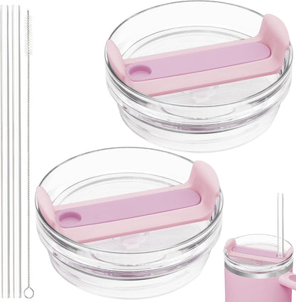 40oz Tumbler Lid Compatible for Stanley, 2 Pack Replacement Tumbler Lids Fit for Stanley Quencher 2.0 Tumbler 40 OZ, with Straws and Cleaning Brush (Light Pink)