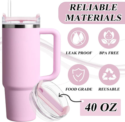 40oz Tumbler Lid Compatible for Stanley, 2 Pack Replacement Tumbler Lids Fit for Stanley Quencher 2.0 Tumbler 40 OZ, with Straws and Cleaning Brush (Light Pink)