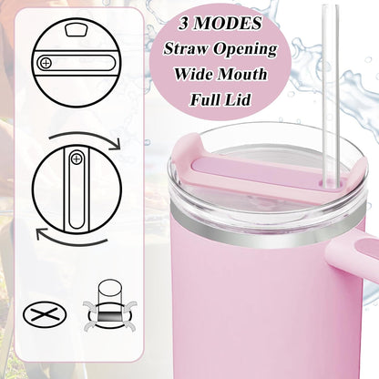 40oz Tumbler Lid Compatible for Stanley, 2 Pack Replacement Tumbler Lids Fit for Stanley Quencher 2.0 Tumbler 40 OZ, with Straws and Cleaning Brush (Light Pink)
