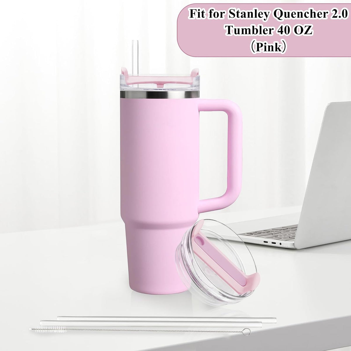40oz Tumbler Lid Compatible for Stanley, 2 Pack Replacement Tumbler Lids Fit for Stanley Quencher 2.0 Tumbler 40 OZ, with Straws and Cleaning Brush (Light Pink)