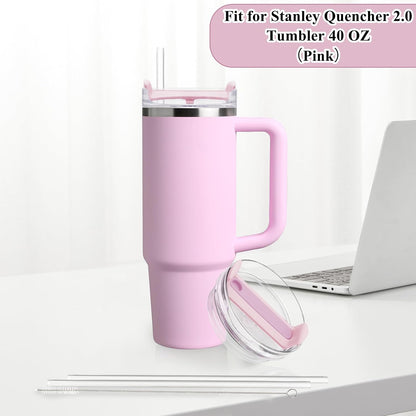40oz Tumbler Lid Compatible for Stanley, 2 Pack Replacement Tumbler Lids Fit for Stanley Quencher 2.0 Tumbler 40 OZ, with Straws and Cleaning Brush (Light Pink)