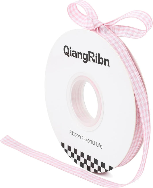 Gingham Ribbon Pink Soft Polyester for Hair Bow Making, Gift Wrapping, Party Favors, DIY Crafts and Seasonal Decor, 3/8 Inch x 50 Yards