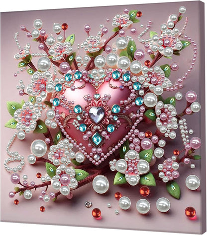 Pink Heart Love Pearl Art Painting with Frame, 30x30cm Sparkling DIY Big Gem Art Kit for Beginners, Textured Wall Decor for Living Room, Bedroom Women's Mindful Gift