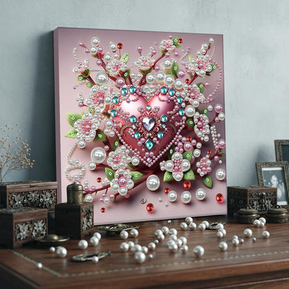 Pink Heart Love Pearl Art Painting with Frame, 30x30cm Sparkling DIY Big Gem Art Kit for Beginners, Textured Wall Decor for Living Room, Bedroom Women's Mindful Gift