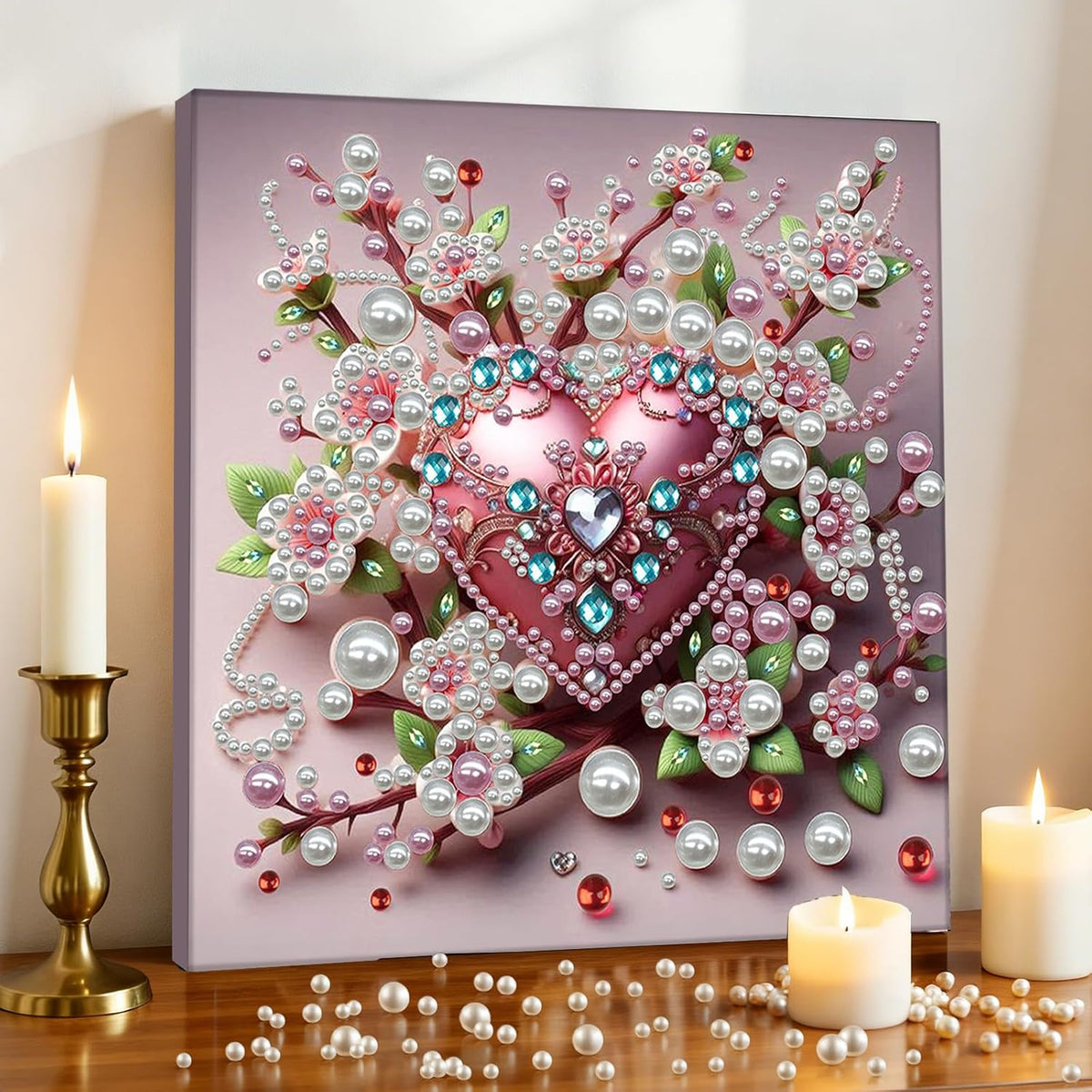 Pink Heart Love Pearl Art Painting with Frame, 30x30cm Sparkling DIY Big Gem Art Kit for Beginners, Textured Wall Decor for Living Room, Bedroom Women's Mindful Gift