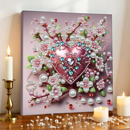 Pink Heart Love Pearl Art Painting with Frame, 30x30cm Sparkling DIY Big Gem Art Kit for Beginners, Textured Wall Decor for Living Room, Bedroom Women's Mindful Gift