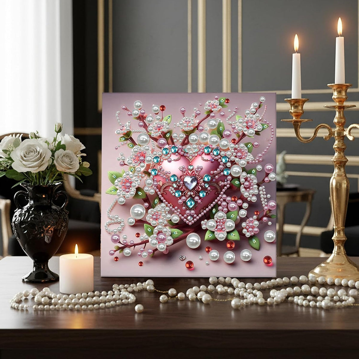 Pink Heart Love Pearl Art Painting with Frame, 30x30cm Sparkling DIY Big Gem Art Kit for Beginners, Textured Wall Decor for Living Room, Bedroom Women's Mindful Gift