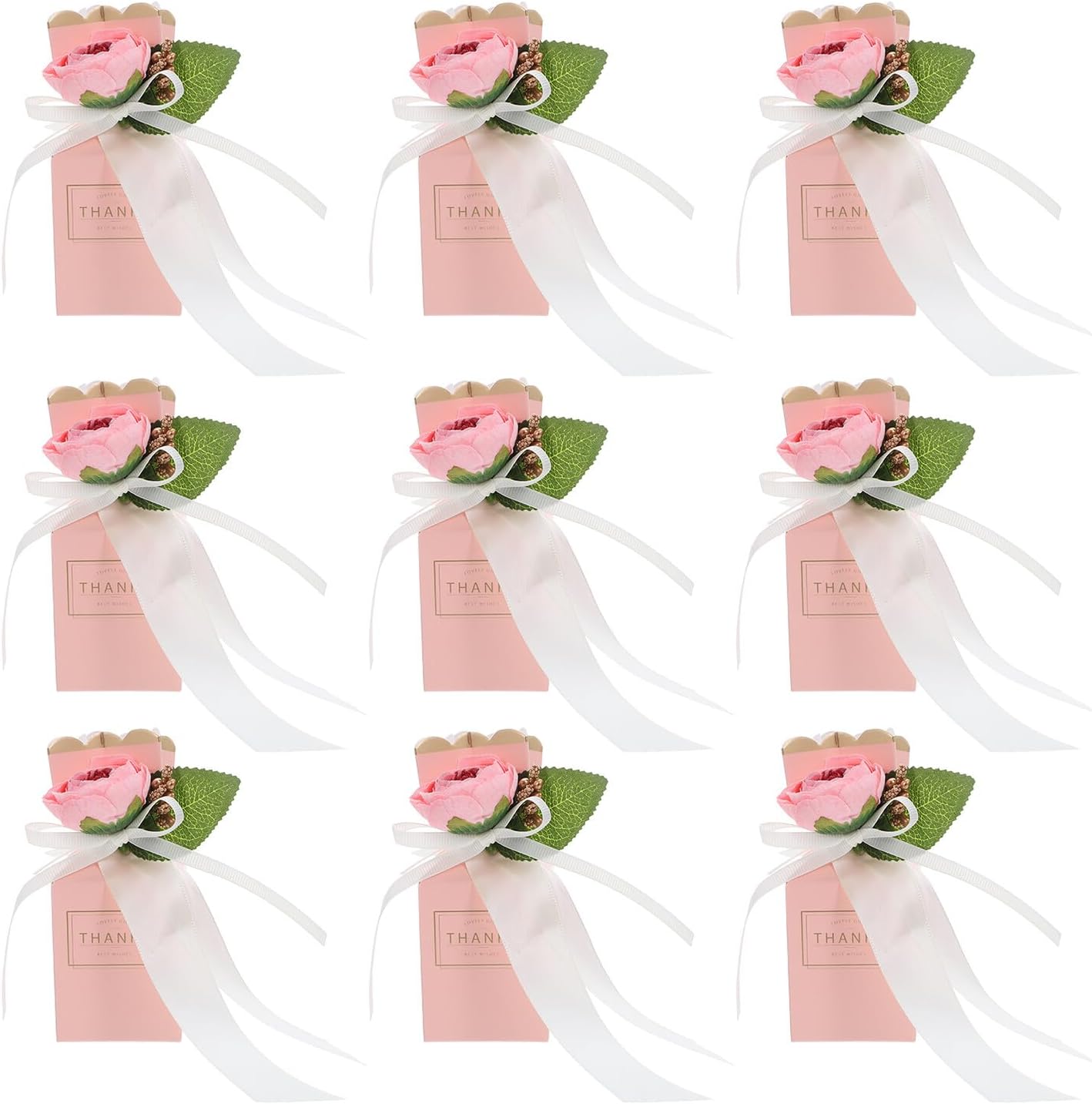 BESTonZON 12pcs Pink Floral Candy Boxes with Ribbon Shower and Wedding Party Favor Packaging Decorative Treat Boxes for Birthday and Anniversary Celebrations