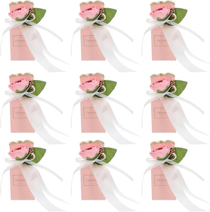 BESTonZON 12pcs Pink Floral Candy Boxes with Ribbon Shower and Wedding Party Favor Packaging Decorative Treat Boxes for Birthday and Anniversary Celebrations
