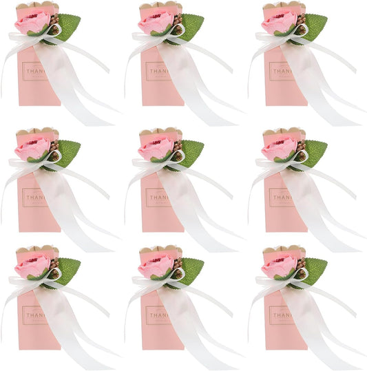 BESTonZON 12pcs Pink Floral Candy Boxes with Ribbon Shower and Wedding Party Favor Packaging Decorative Treat Boxes for Birthday and Anniversary Celebrations