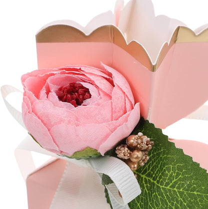 BESTonZON 12pcs Pink Floral Candy Boxes with Ribbon Shower and Wedding Party Favor Packaging Decorative Treat Boxes for Birthday and Anniversary Celebrations