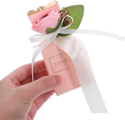BESTonZON 12pcs Pink Floral Candy Boxes with Ribbon Shower and Wedding Party Favor Packaging Decorative Treat Boxes for Birthday and Anniversary Celebrations